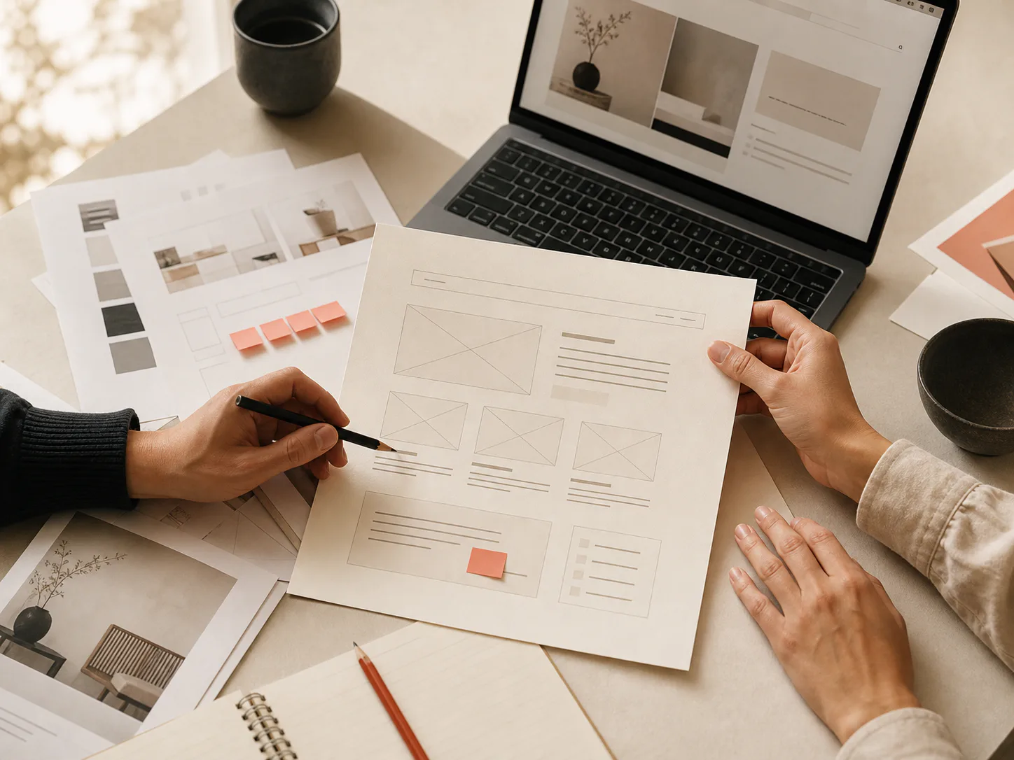 A website wireframe and content plan being reviewed on a warm studio desk.