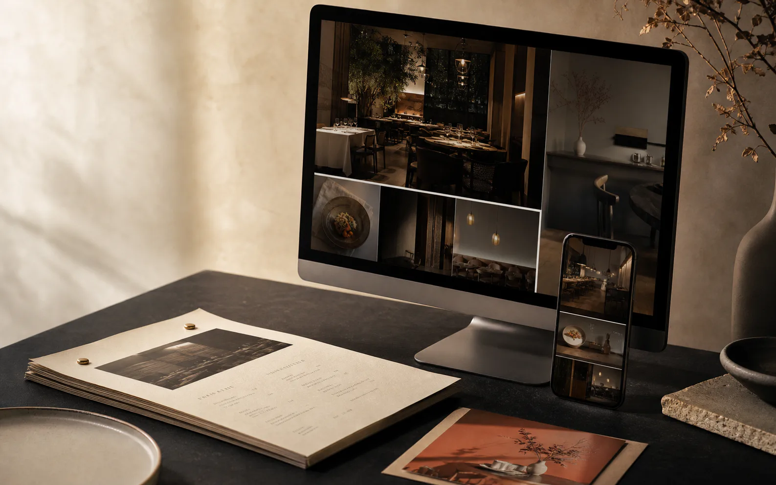 A hospitality website concept shown on a desktop monitor and mobile phone with a menu and printed event materials.
