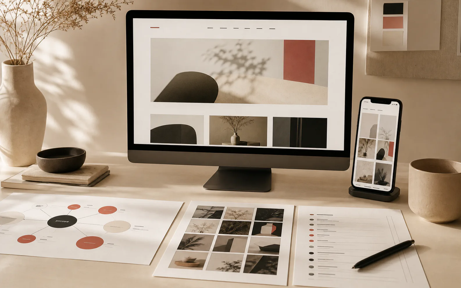 A connected digital-system concept shown on desktop and mobile screens with search, social, and content planning sheets.