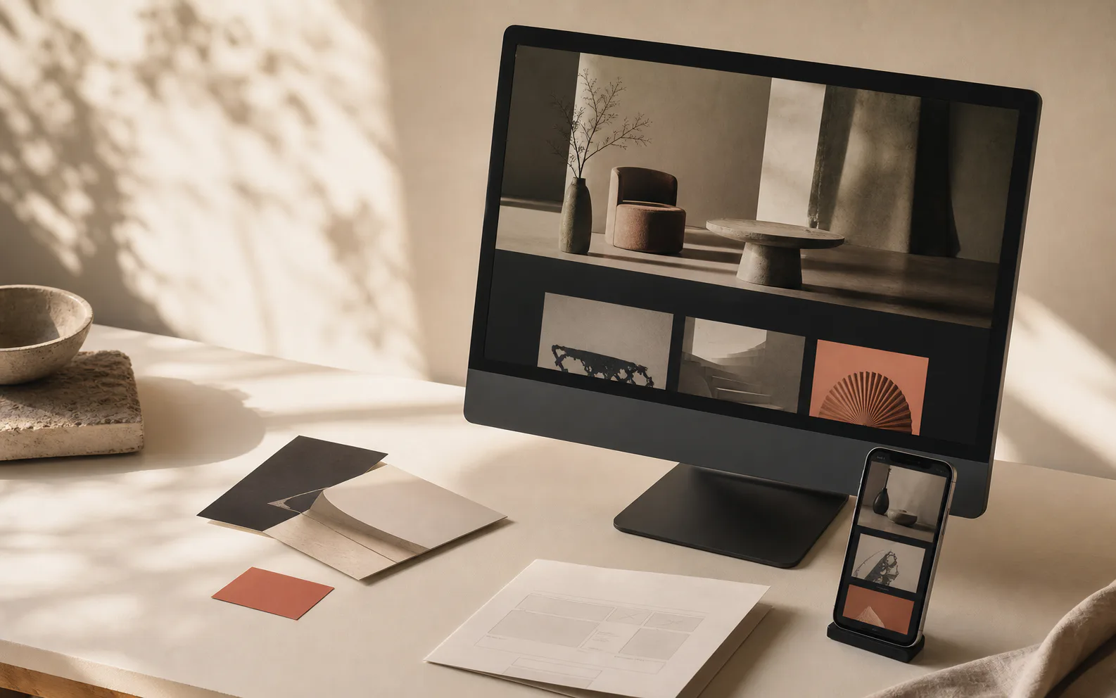 A responsive service-business website concept displayed on a desktop monitor and mobile phone beside printed planning materials.