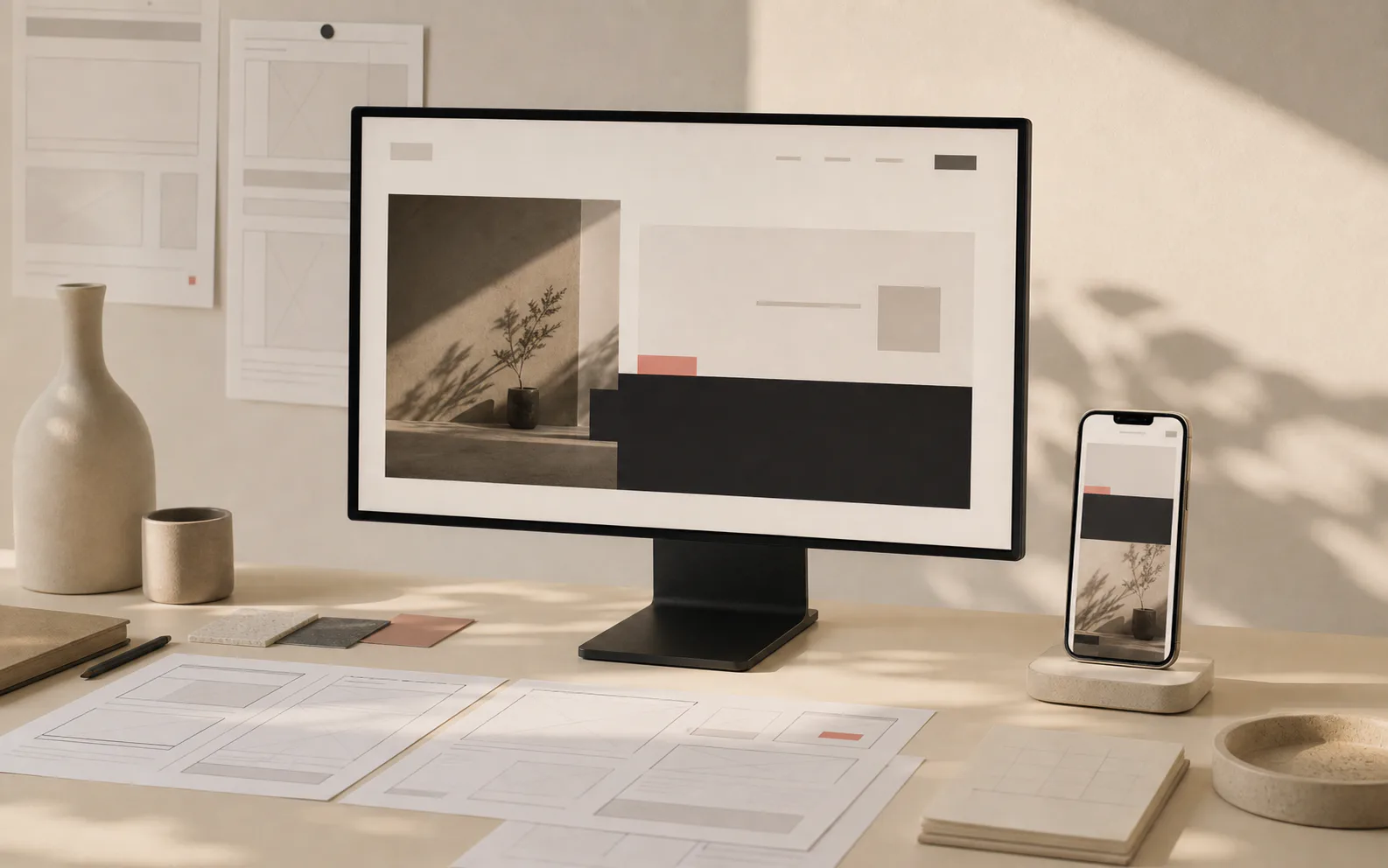 A responsive website design shown on a desktop monitor and mobile phone with wireframe sheets.